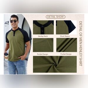 Men's Olive and Black Henley T-Shirt Shorts Sleeve Pocket Size M